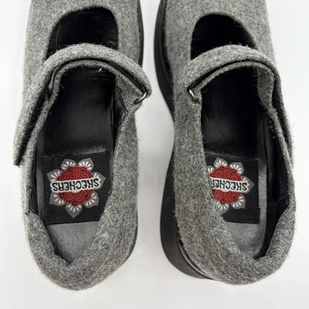 Vintage Skechers Mary Jane Platform Shoes Sz 7 Gray 90s Y2K Chunky Black Square
